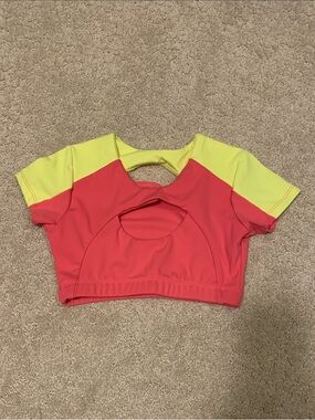 Five DanceWear Five The Label Colorblock Cutout Bra Top in Coral Neon Yellow
